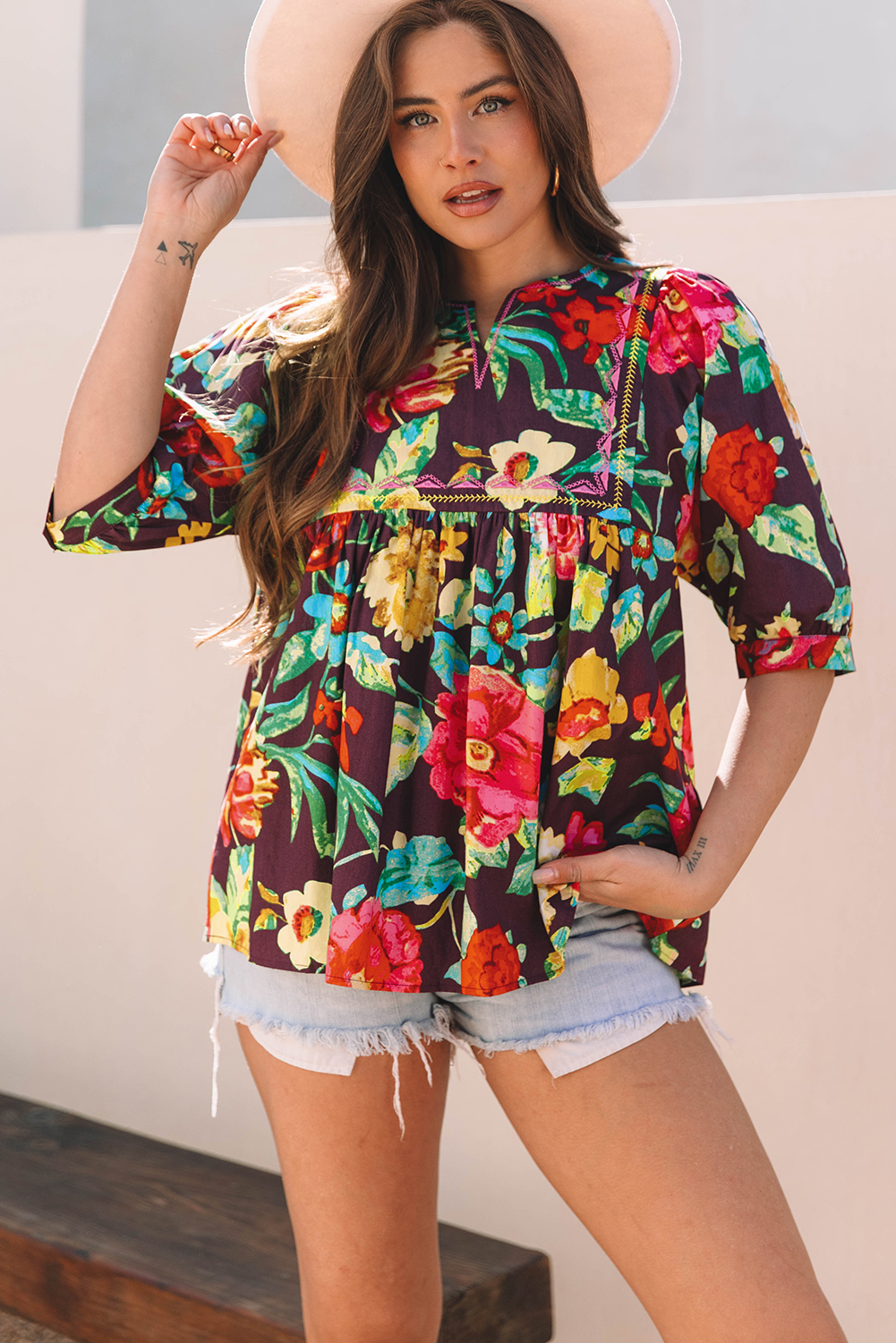 Greyish Purple Rose Flower Embroidered Trim Half Sleeve Blouse - loveforevers