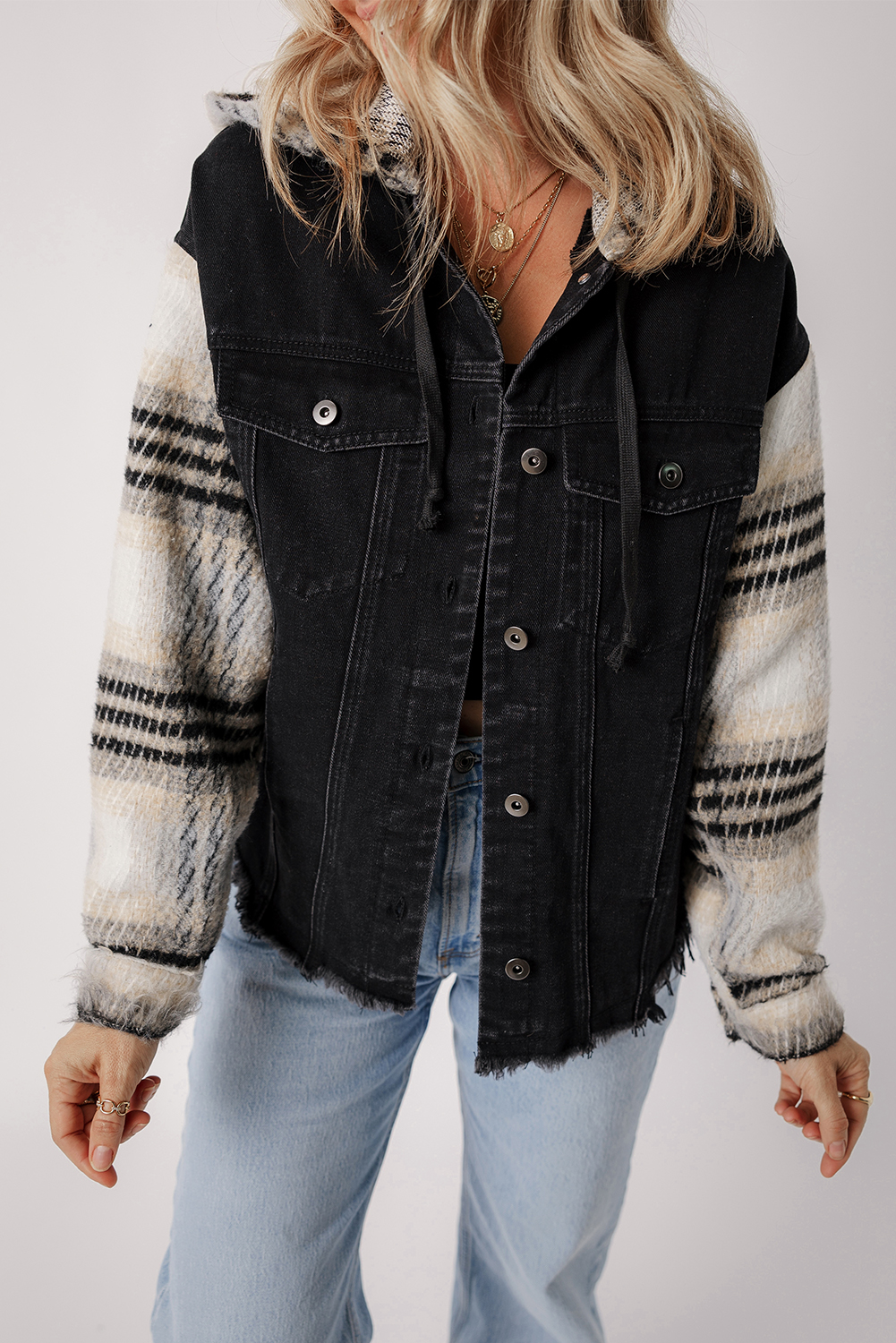 Black Plaid Sleeve Frayed Hem Hooded Denim Jacket - loveforevers