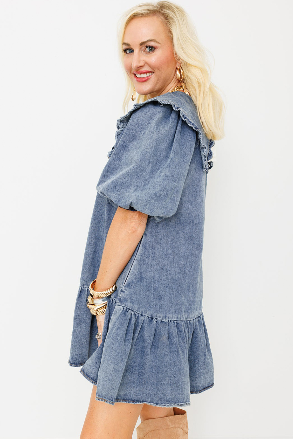 Dusk Blue Ruffled Collared Side Pockets Puff Sleeve Denim Mini Dress - loveforevers