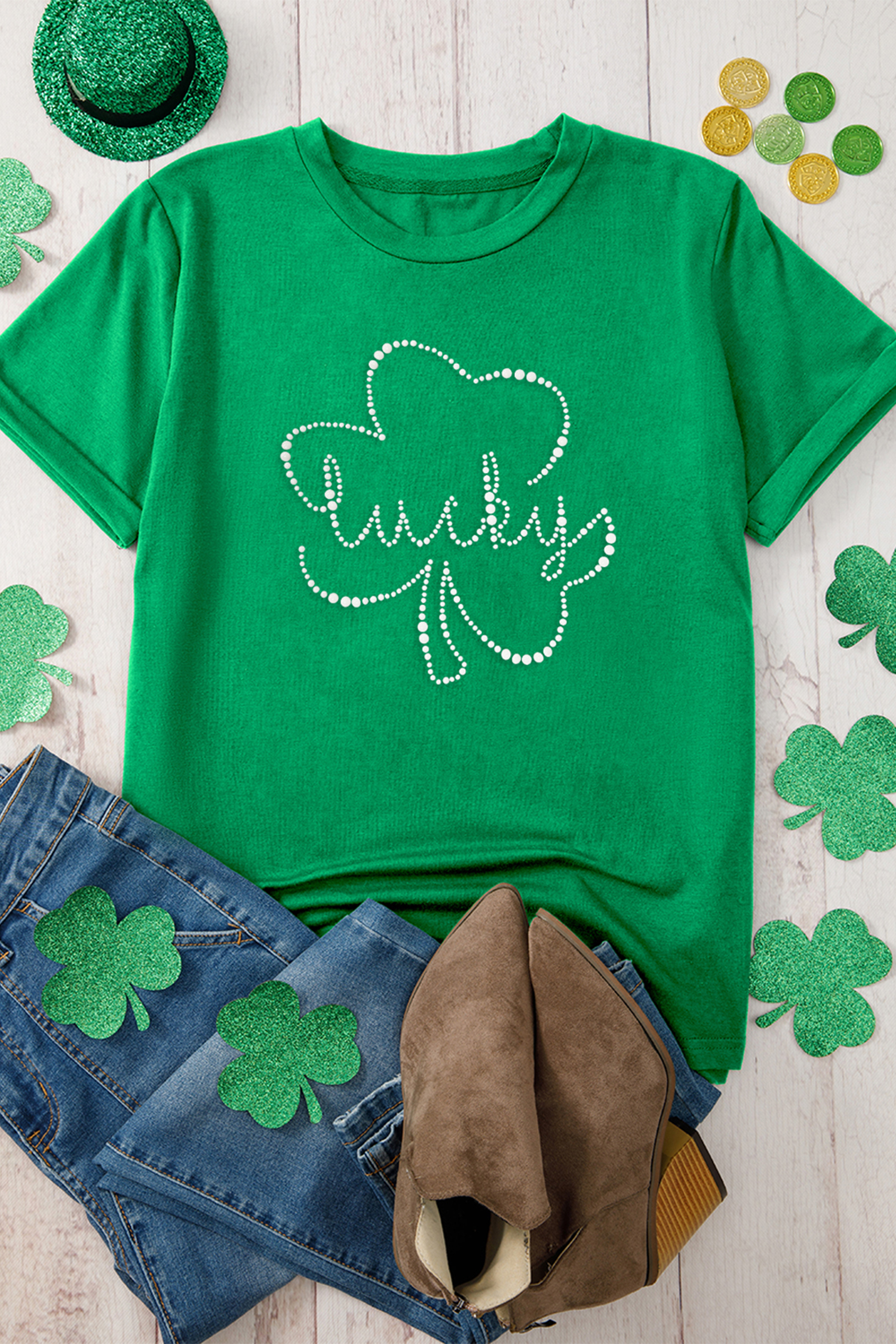 Bright Green Ceramic Rhinestone Lucky Clover Relaxed Round Neck Tee - loveforevers