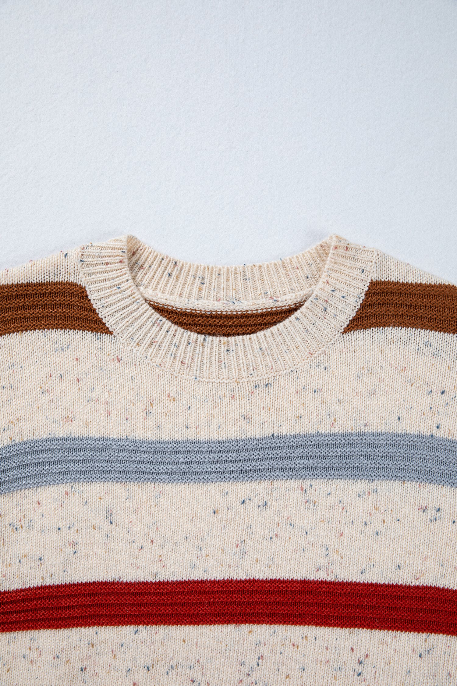 Beige Stripe Exposed Seam Drop Shoulder Heathered Knit Sweater - loveforevers