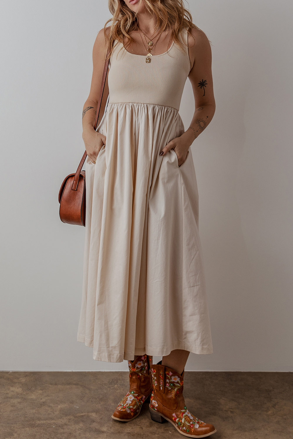 Beige Scoop Neck Ribbed Bodice Pleated Sleeveless Long Dress - loveforevers