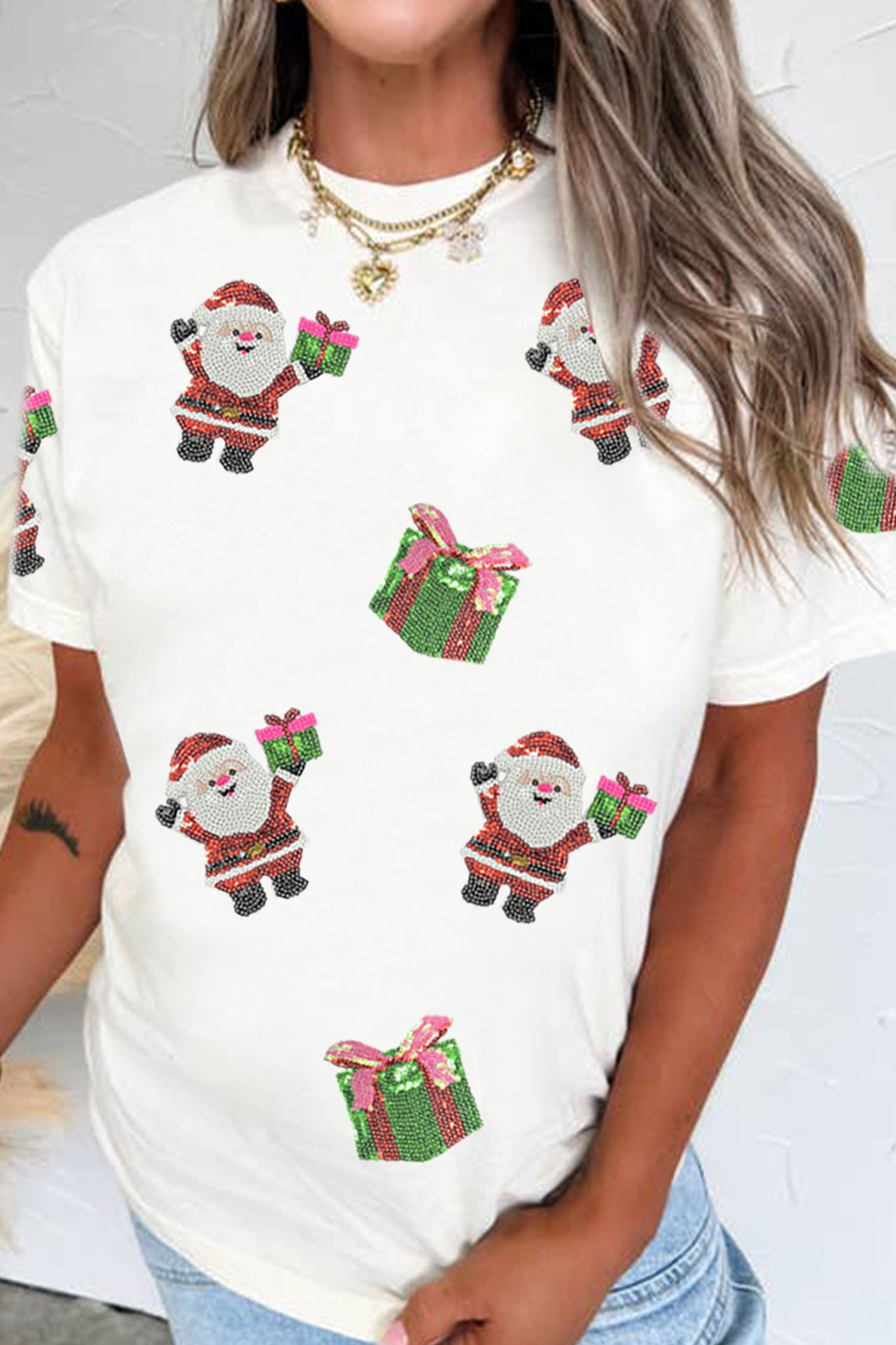 White Santa Deliver Gift Sequin Patched Christmas T Shirt - loveforevers