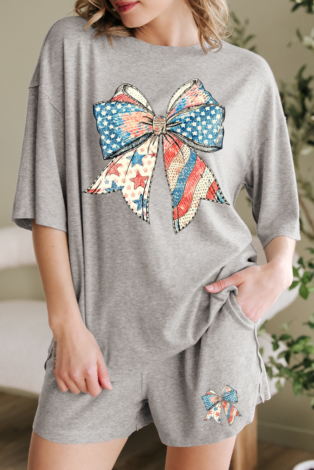 Gray USA Flag Bow Print Half Sleeve Tee and High Waist Shorts Set - loveforevers