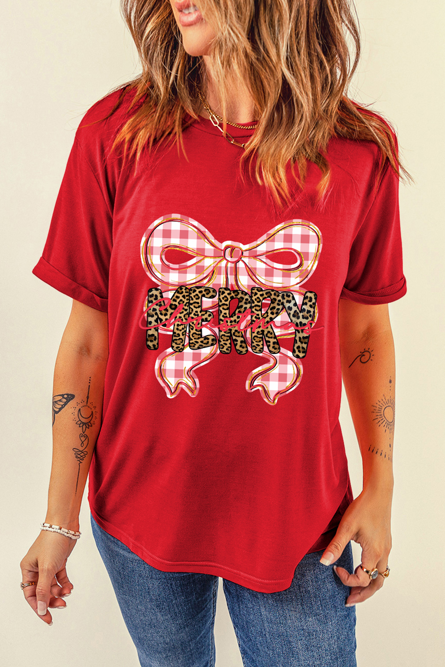 Red Leopard Merry Christmas Plaid Bow Graphic Holiday T Shirt - loveforevers