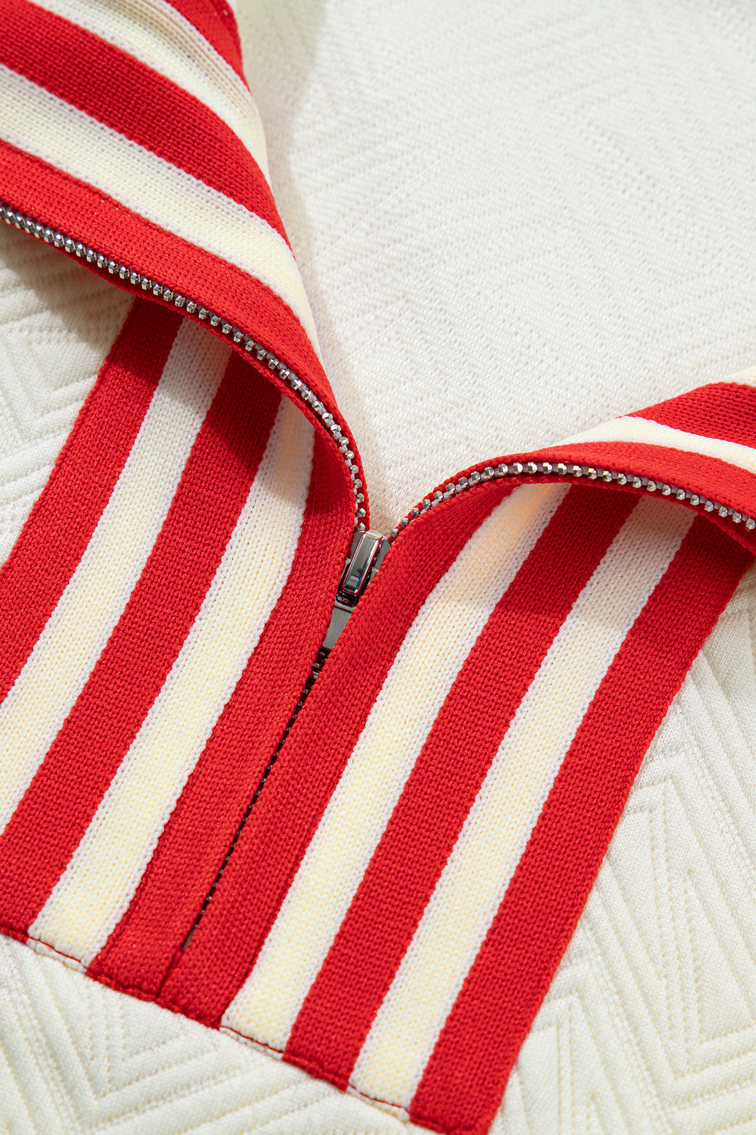 White Textured Knit Contrast Striped Accent Zipped Collar Pullover Top - loveforevers