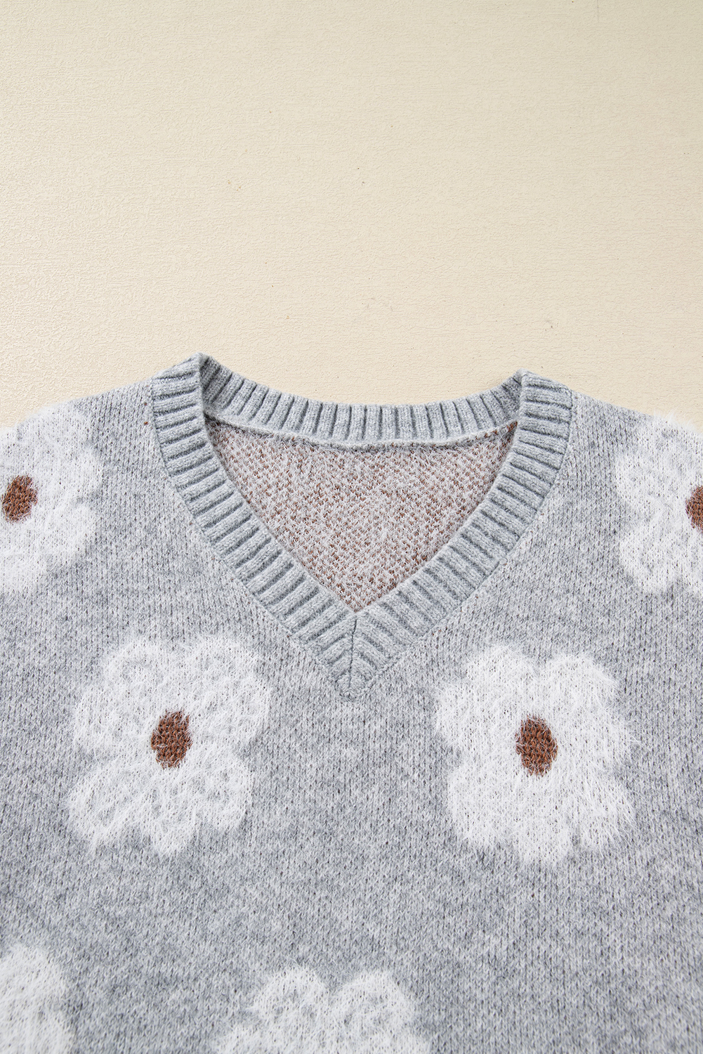 Gray Cute Flower Print V Neck Drop Shoulder Baggy Sweater - loveforevers