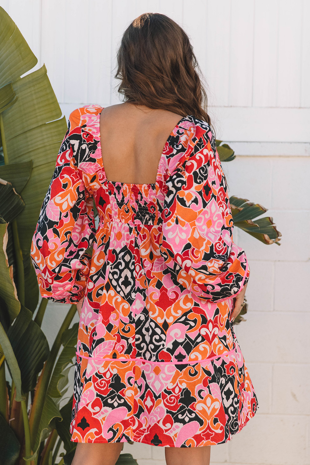Pink Bohemian Square Neck Puff Sleeve Mini Dress - loveforevers