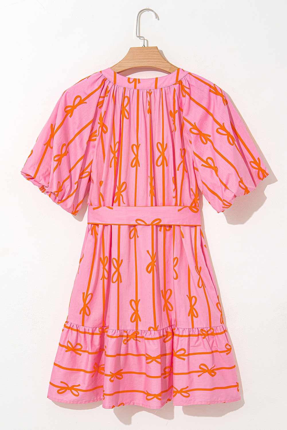 Pink Bowknot Striped Printed Bubble Sleeve Buttoned Belted Mini Dress - loveforevers
