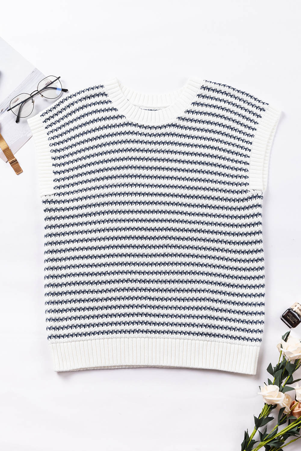Blue Stripe Ribbed Trim Loose Fit Knitted Sweater Vest - loveforevers