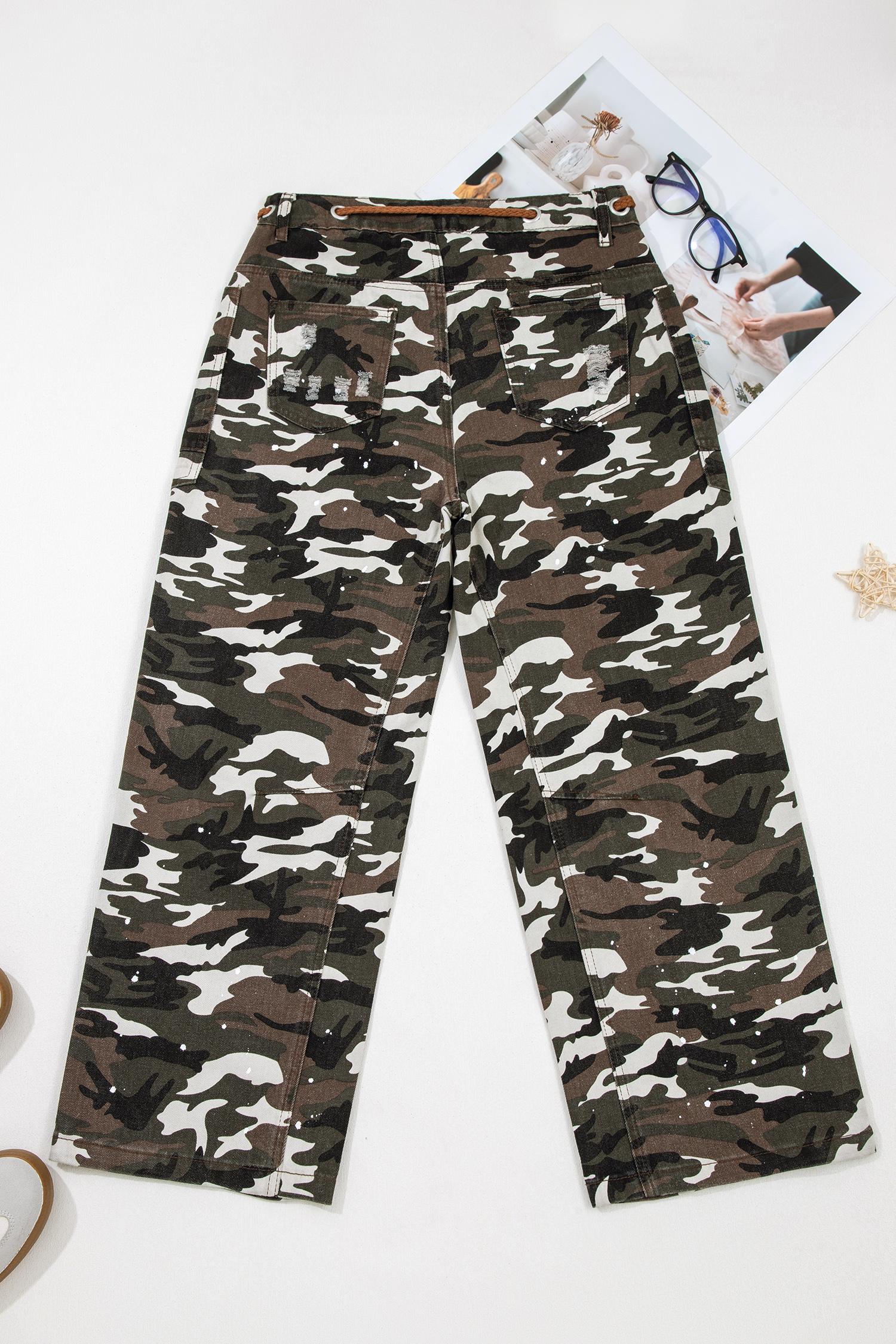 Green Camouflage Print Splashed Distressed Loose Denim Pants - loveforevers