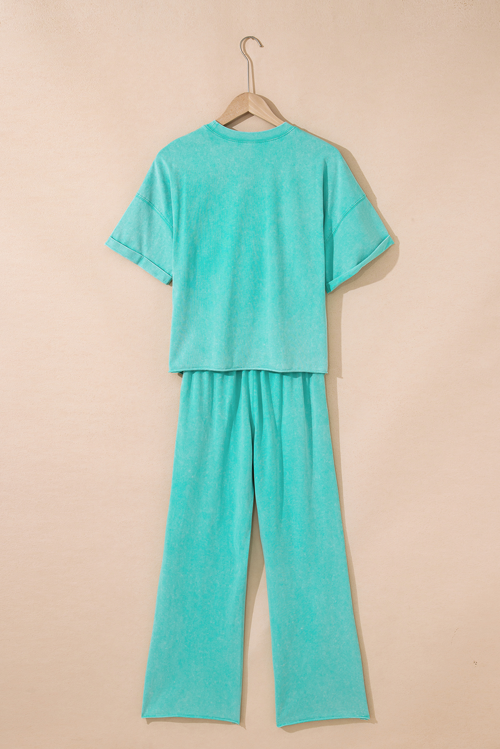 Light Pink Acid Wash Star Patched Rolled Trim Pants Set - loveforevers