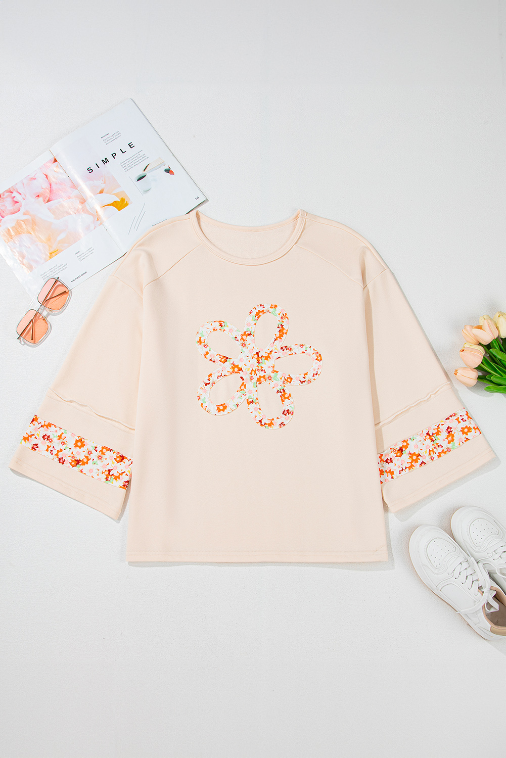 Beige Flower Patch Graphic Exposed Seam Wide Sleeve Top - loveforevers