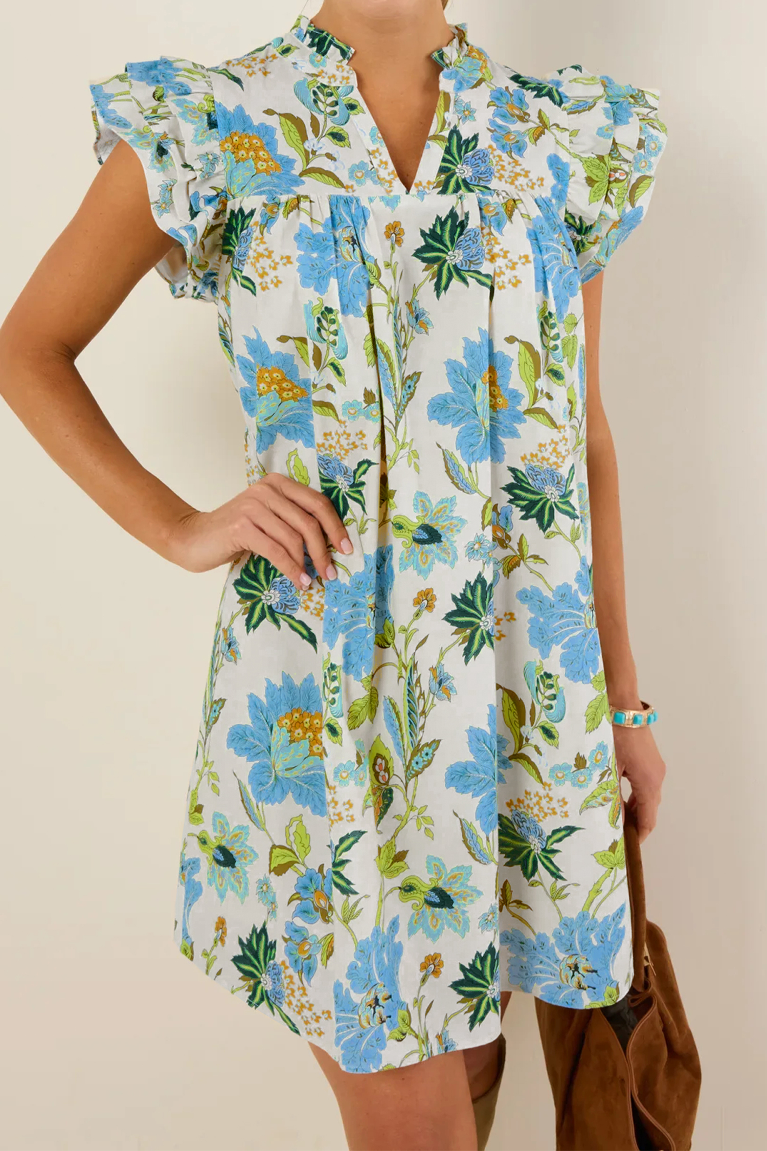 Beige Floral Print V Neck Triple Ruffle Short Sleeve Shift Mini Dress - loveforevers