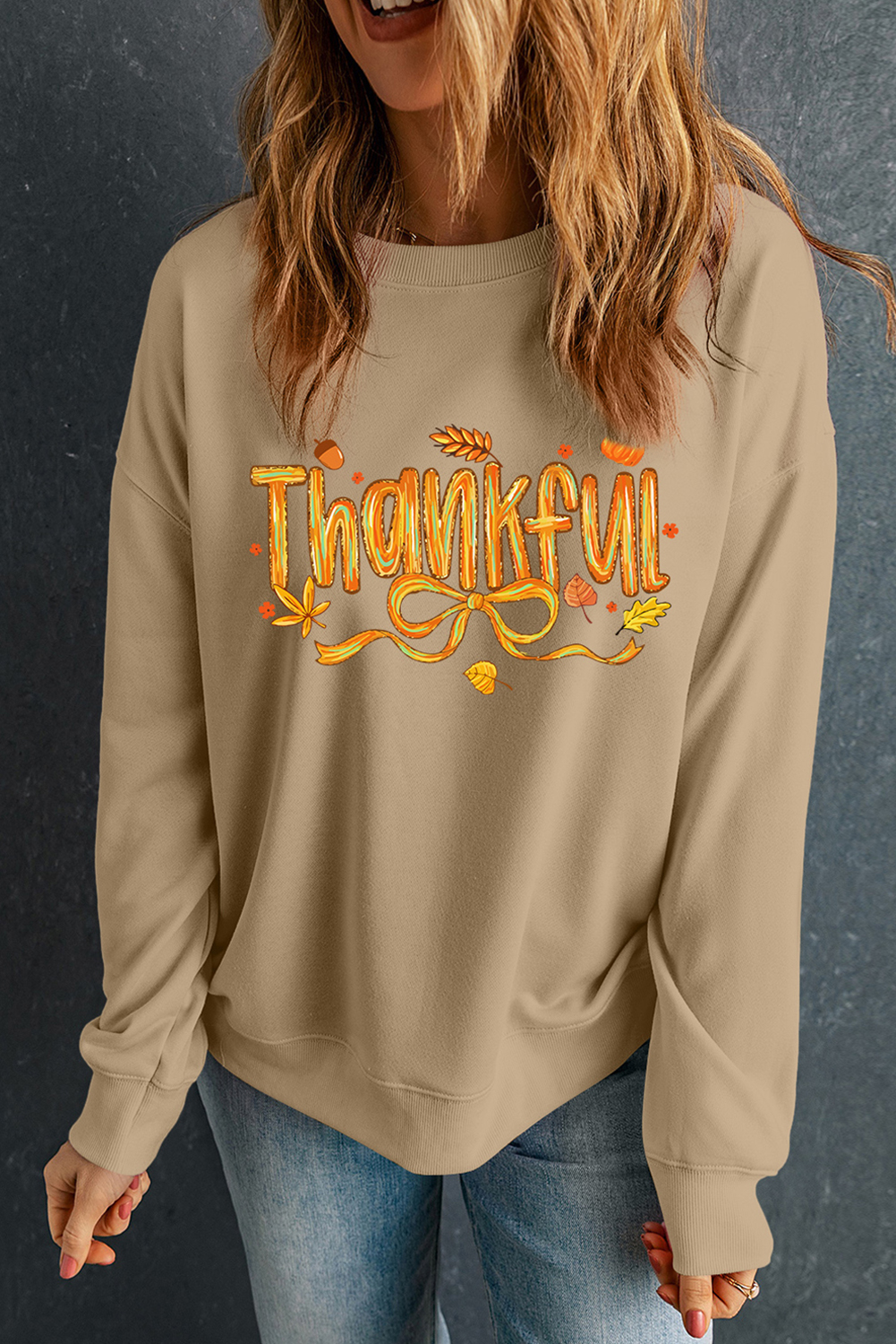 Khaki Thankful Fall Vibe Graphic Thanksgiving Sweatshirt - loveforevers