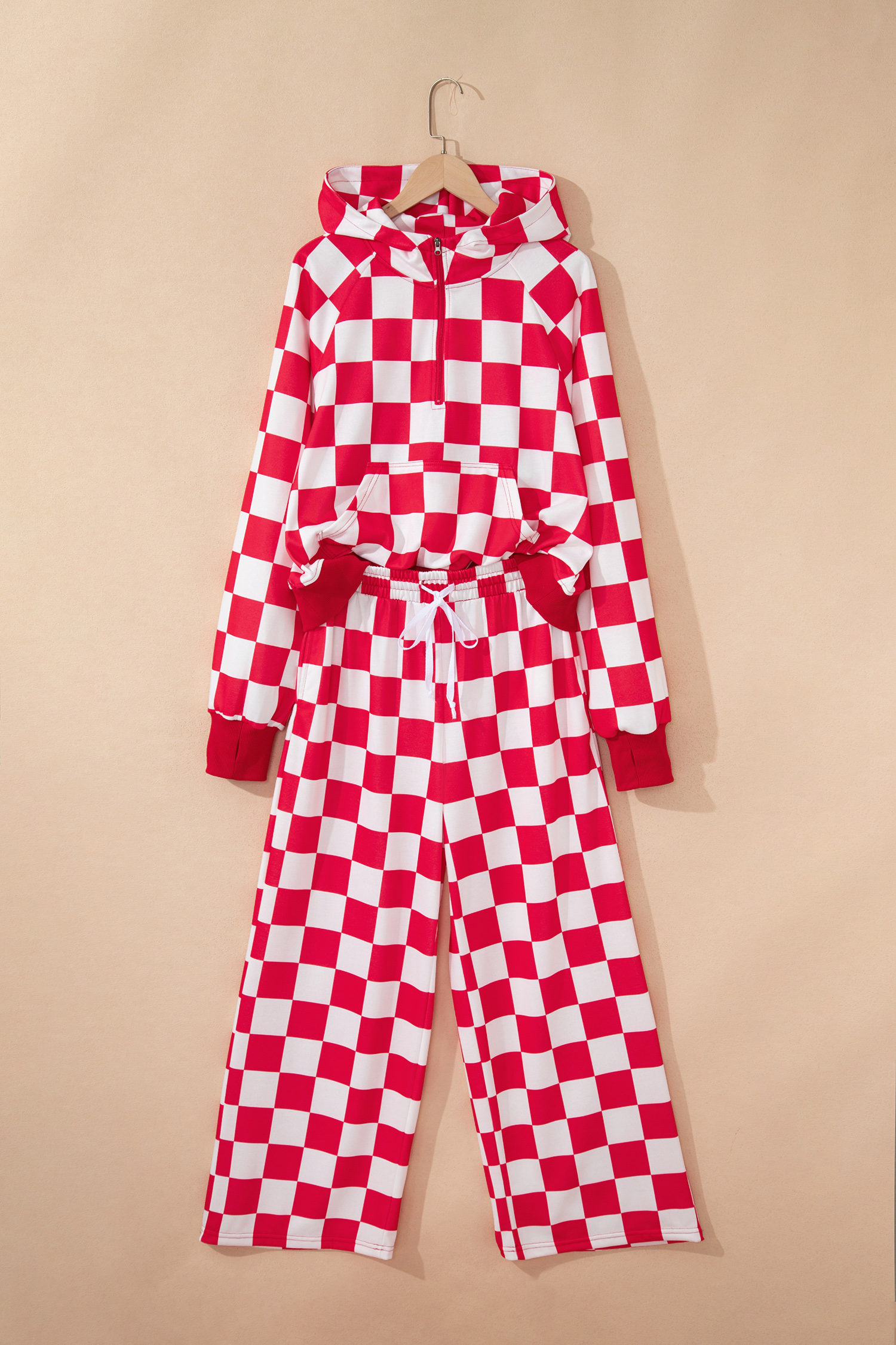 Red Checkered Print Half Zip Hoodie Loose Pant Set - loveforevers