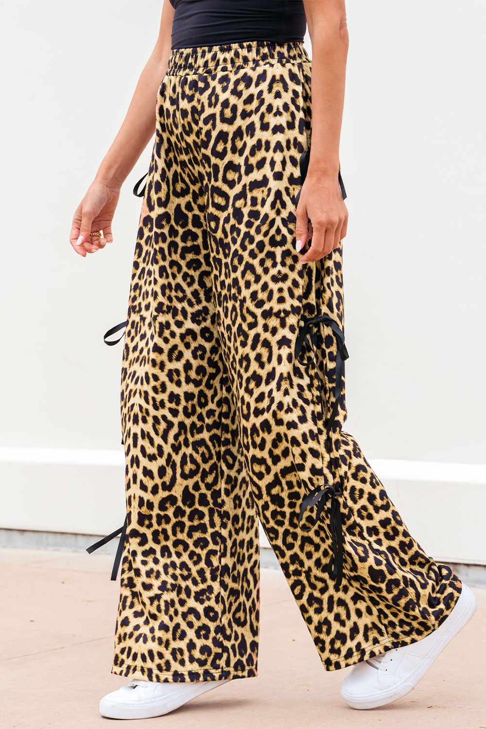 Brown Leopard Print Bow Tie Elastic Waistband Loose High Waist Pants - loveforevers