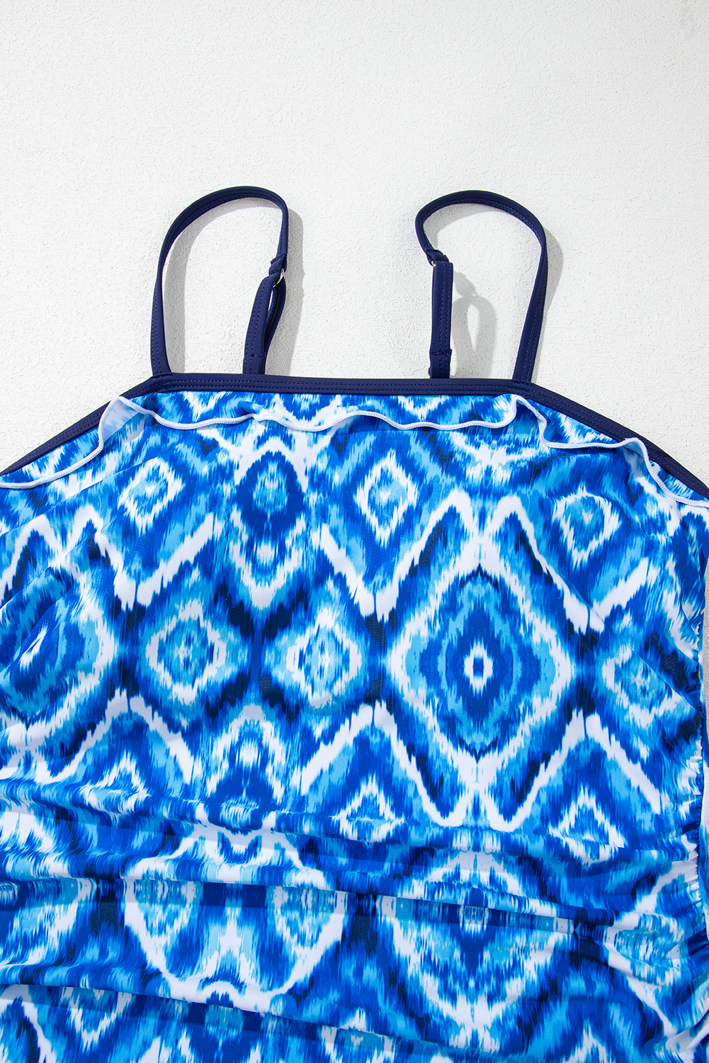 Navy Blue Abstract Print Frilled Trim Spaghetti Straps Tankini Set - loveforevers