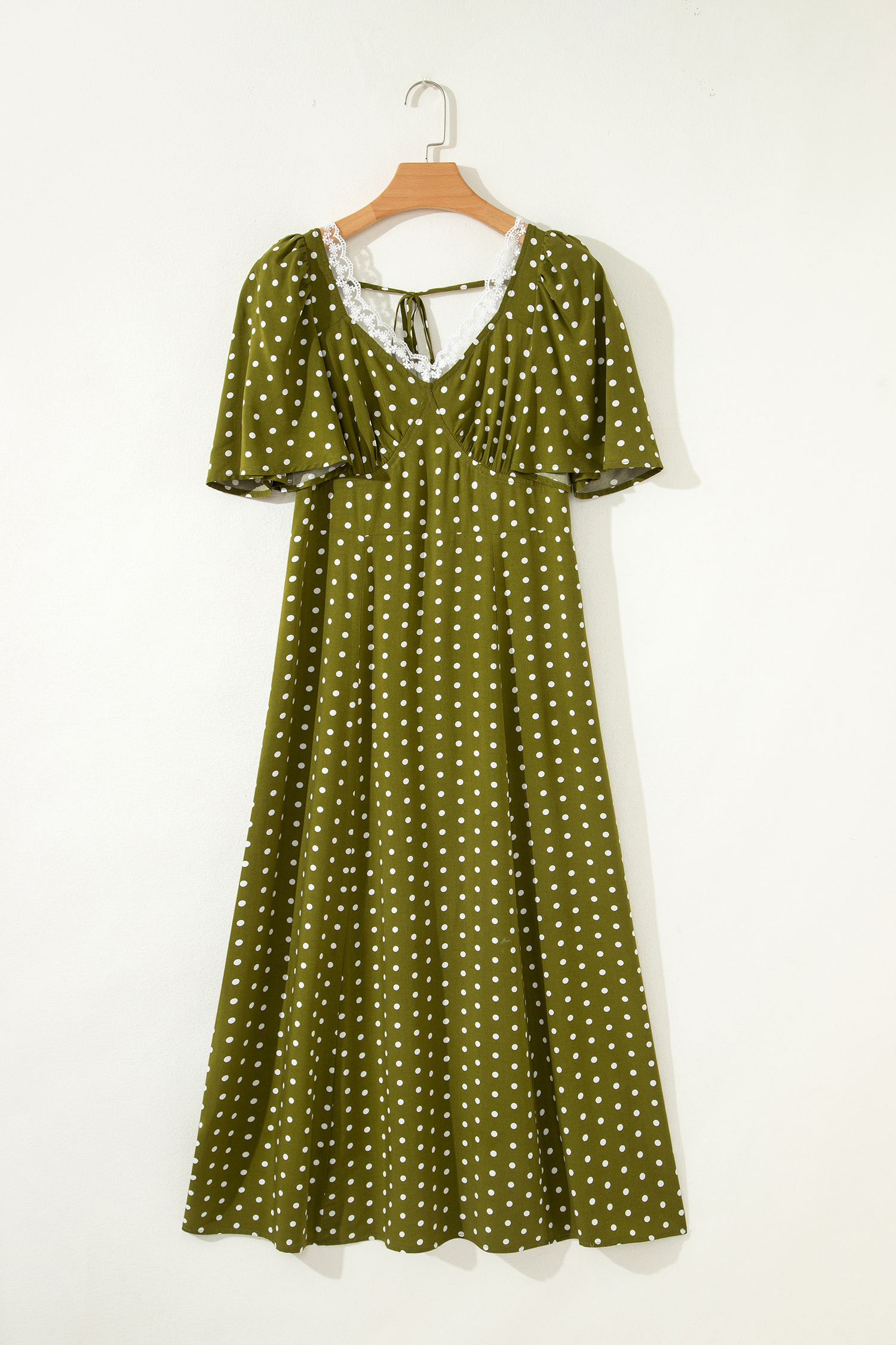 Green Polka Dot Print Lacy Neckline Smocked High Waist Maxi Dress - loveforevers