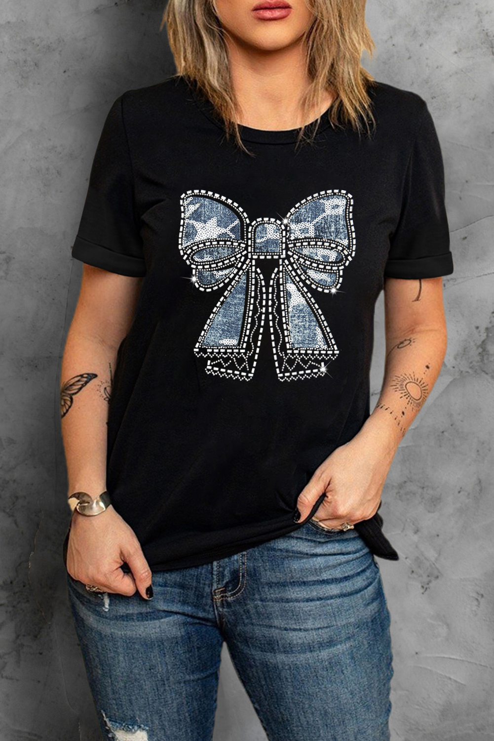 Black Rhinestone Bowknot Graphic Crewneck T Shirt - loveforevers