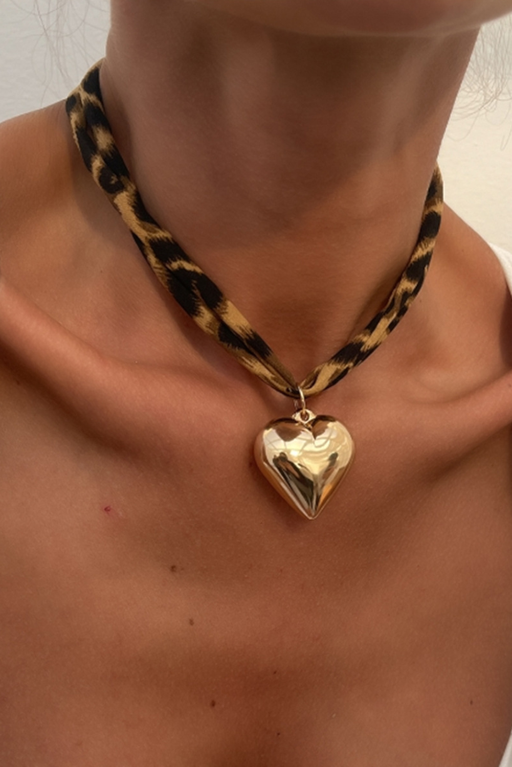 Gold Puffy Heart Charm Leopard Scarf Necklace - loveforevers