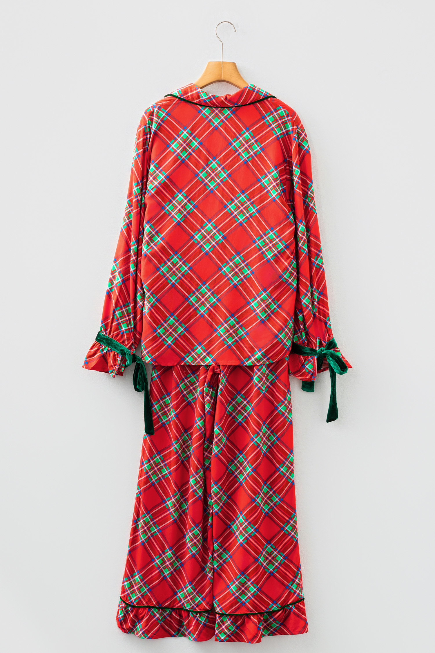 Fiery Red Christmas Plaid Satin Pajama Set with Contrast Velvet Ties - loveforevers