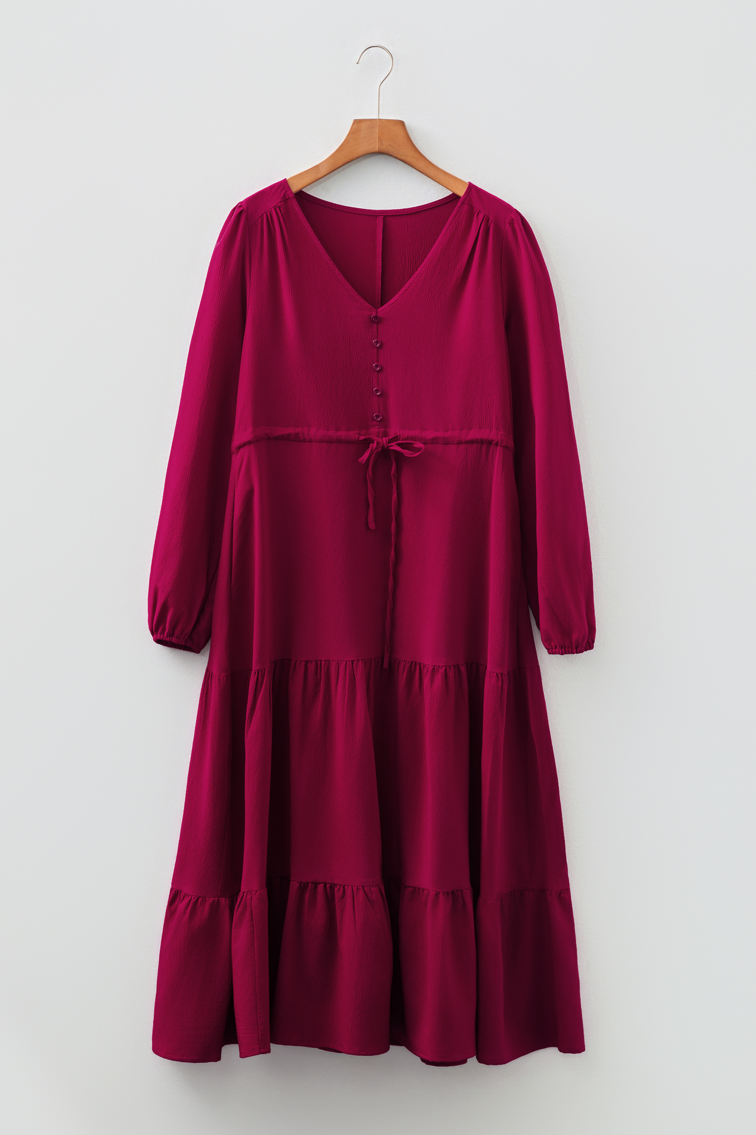 Blackish Green Solid Long Sleeve Button V Neck Tiered Maxi Dress - loveforevers