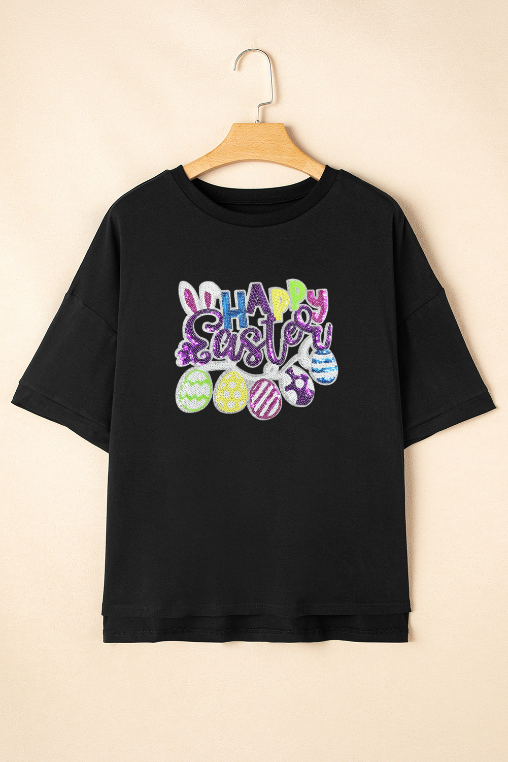 Black Happy Easter Sequin Graphic Dropped Shoulder T Shirt - loveforevers