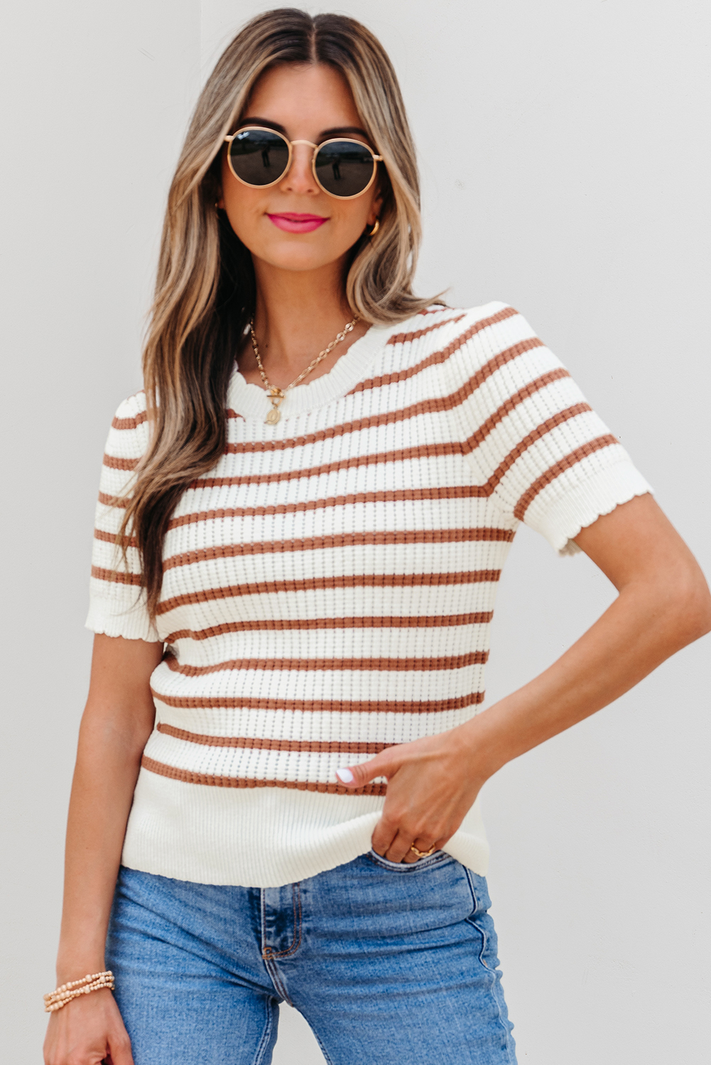 Khaki Stripe Scalloped Round Neck Short Sleeve Sweater - loveforevers