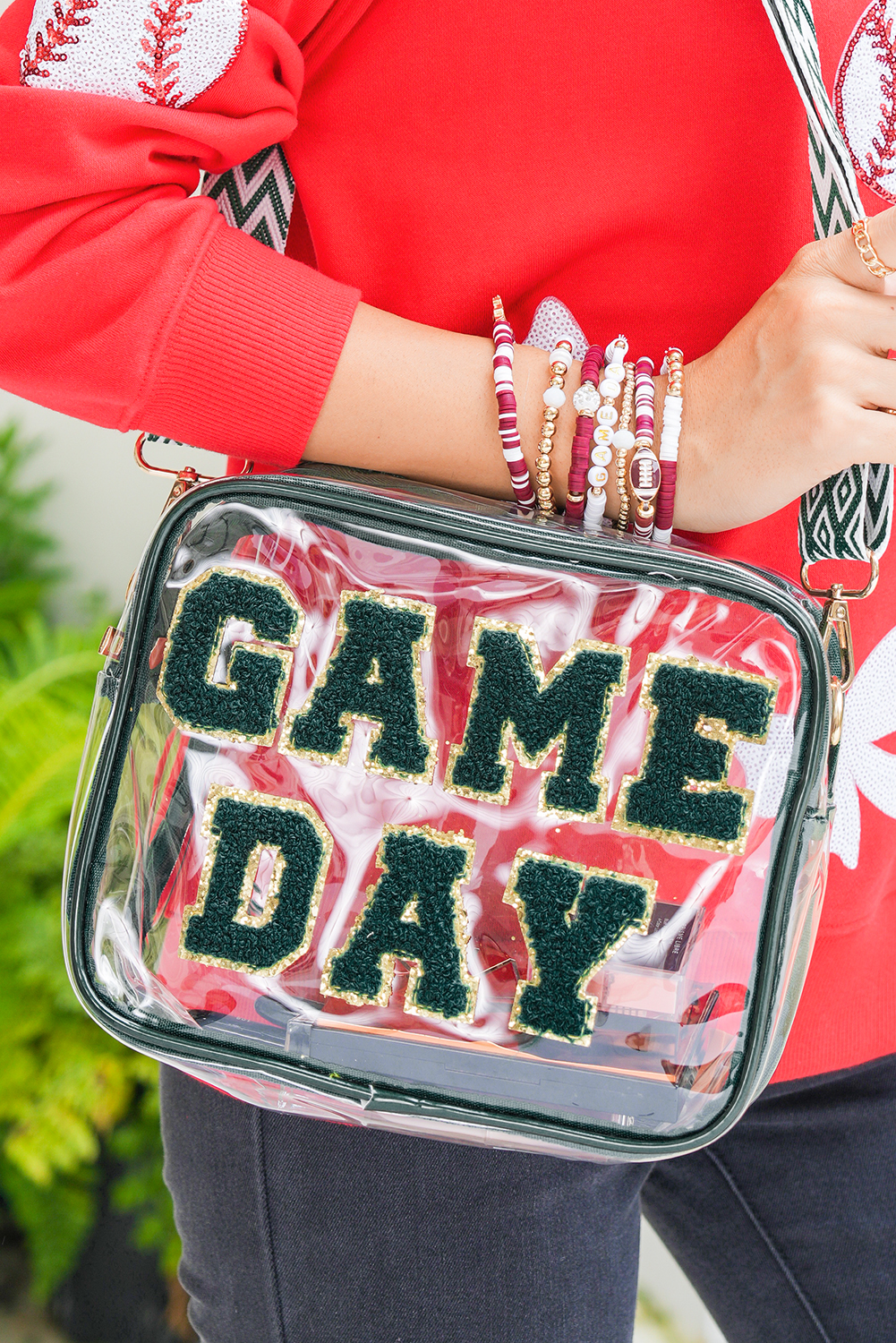 Blackish Green GAME DAY Chenille Embroidered Clear PVC Shoulder Bag - loveforevers