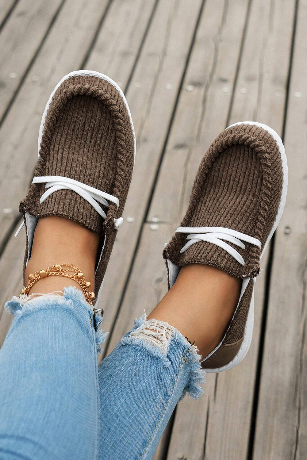 Coffee Solid Ribbed Criss Cross Slip On Casual Shoes - loveforevers