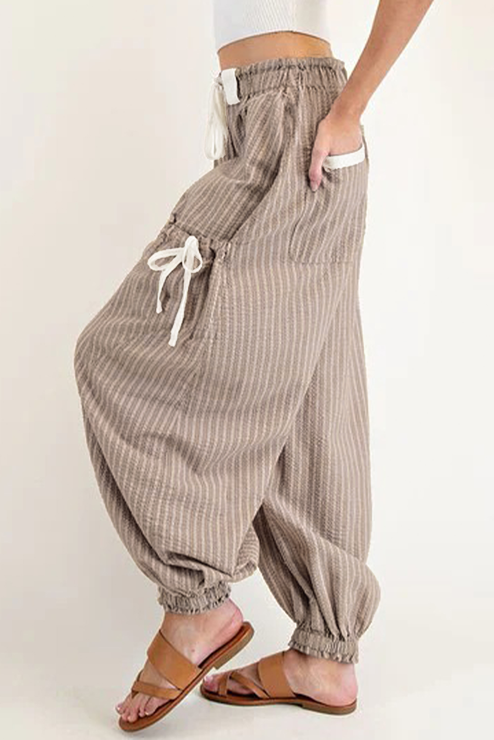Brown Stripe Drawstring Cargo Jogger Pants with Pockets - loveforevers