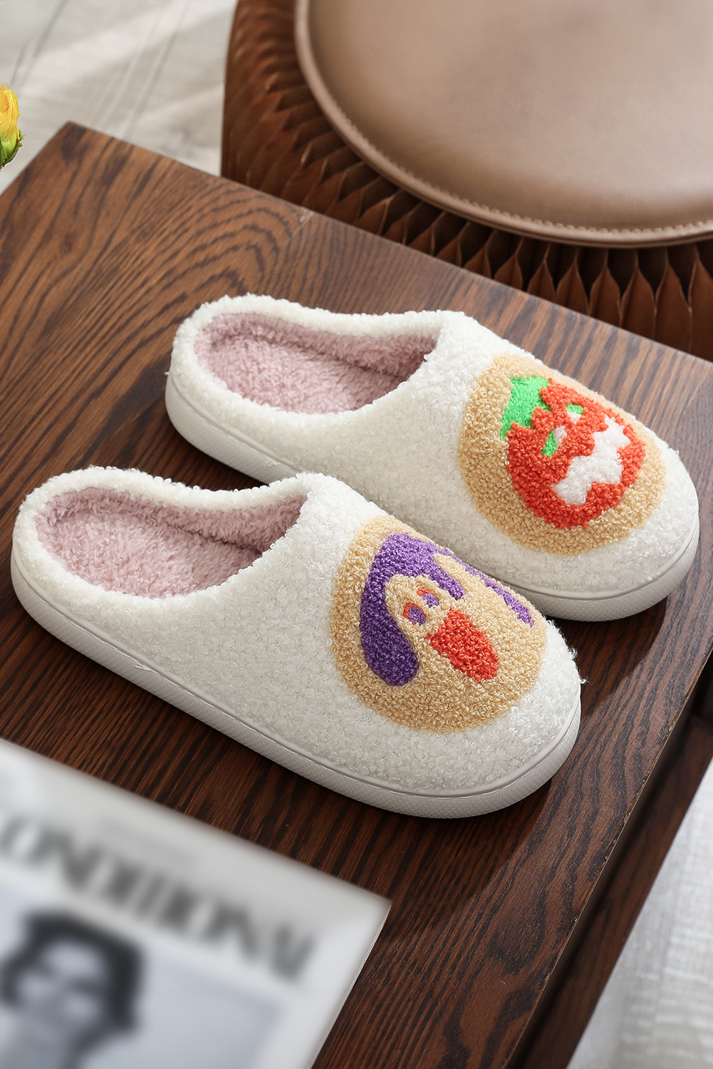 White Halloween Pumpkin Plush Winter Home Slippers - loveforevers
