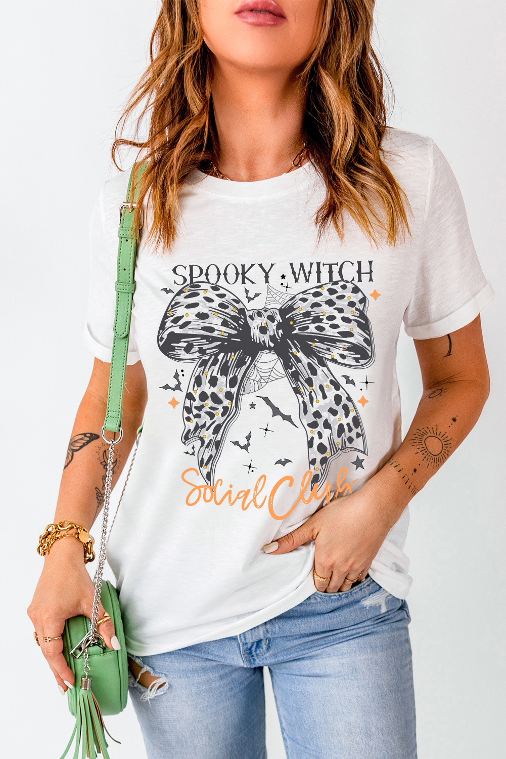 White SPOOKY WITCH Leopard Bowknot Bat Graphic Halloween T Shirt - loveforevers