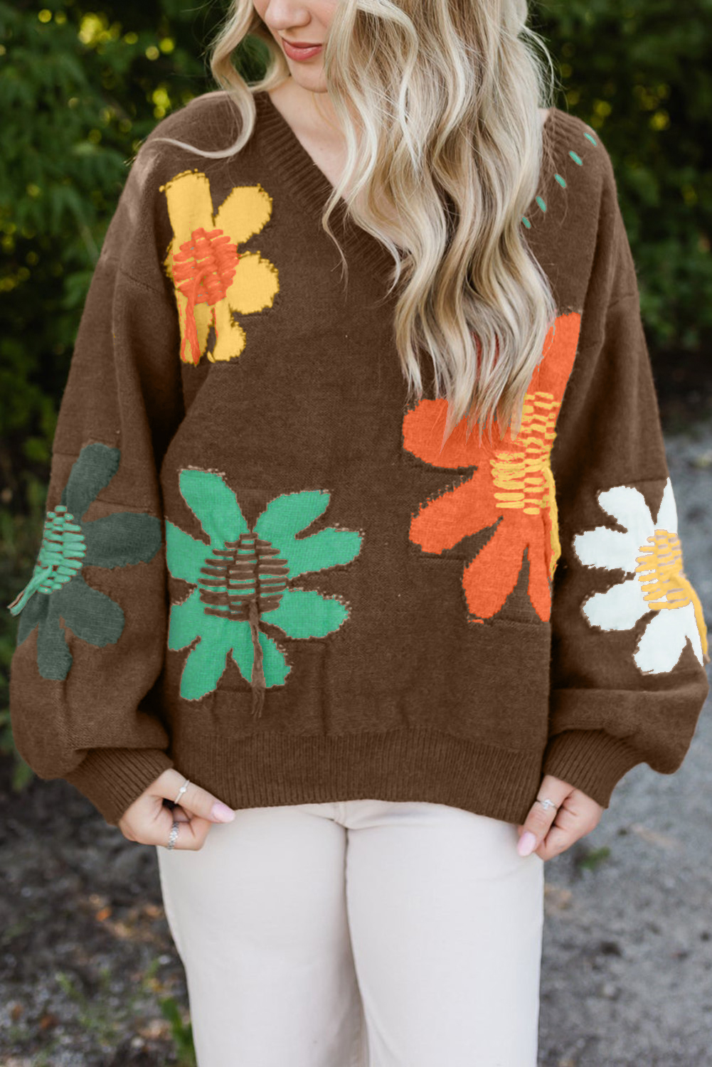 Coffee Big Flower Pattern V Neck Drop Shoulder Sweater - loveforevers