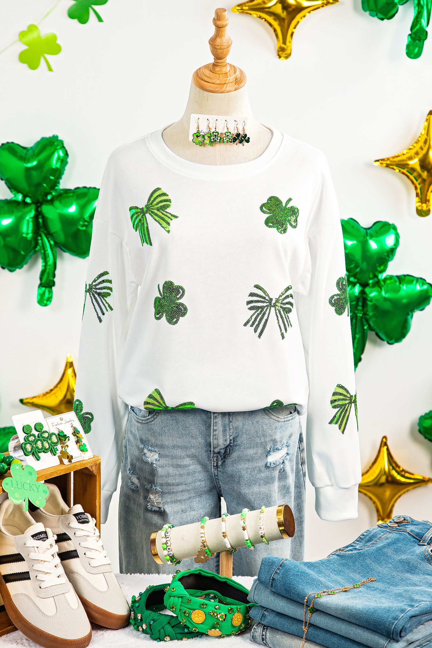 White LUCKY Clover Embroidered Long Sleeve Top - loveforevers