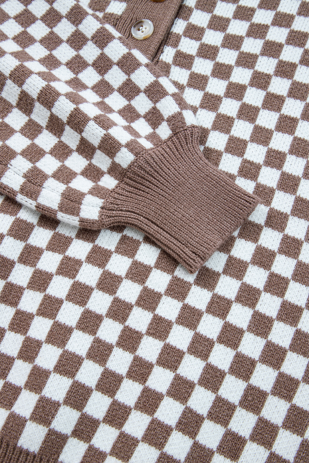 Dark Brown Half Button Ribbed Trim Checkerboard Knit Sweater - loveforevers