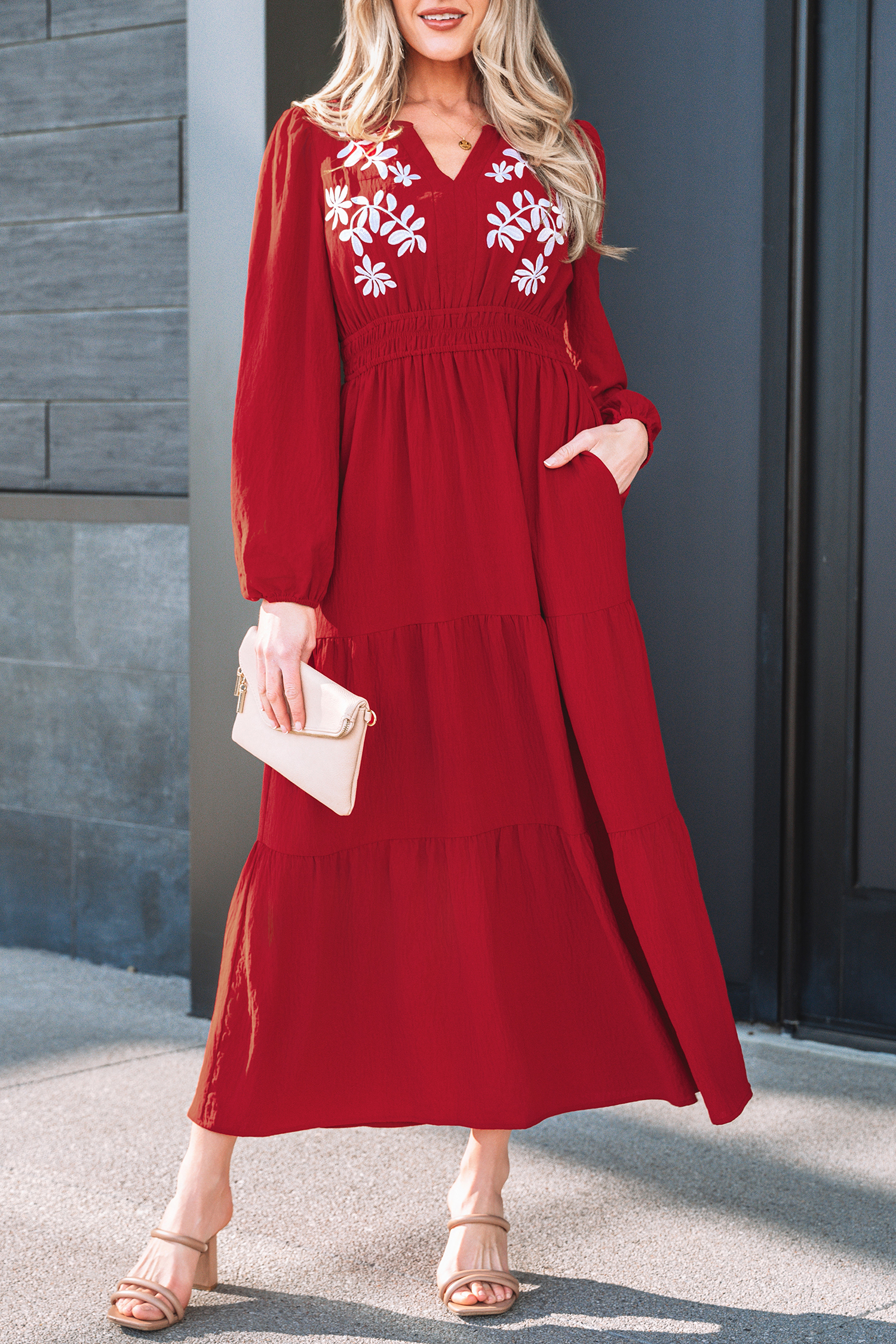 Racing Red Contrast Embroidered Detail Cinched Waist Tiered Long Sleeve Maxi Dress - loveforevers