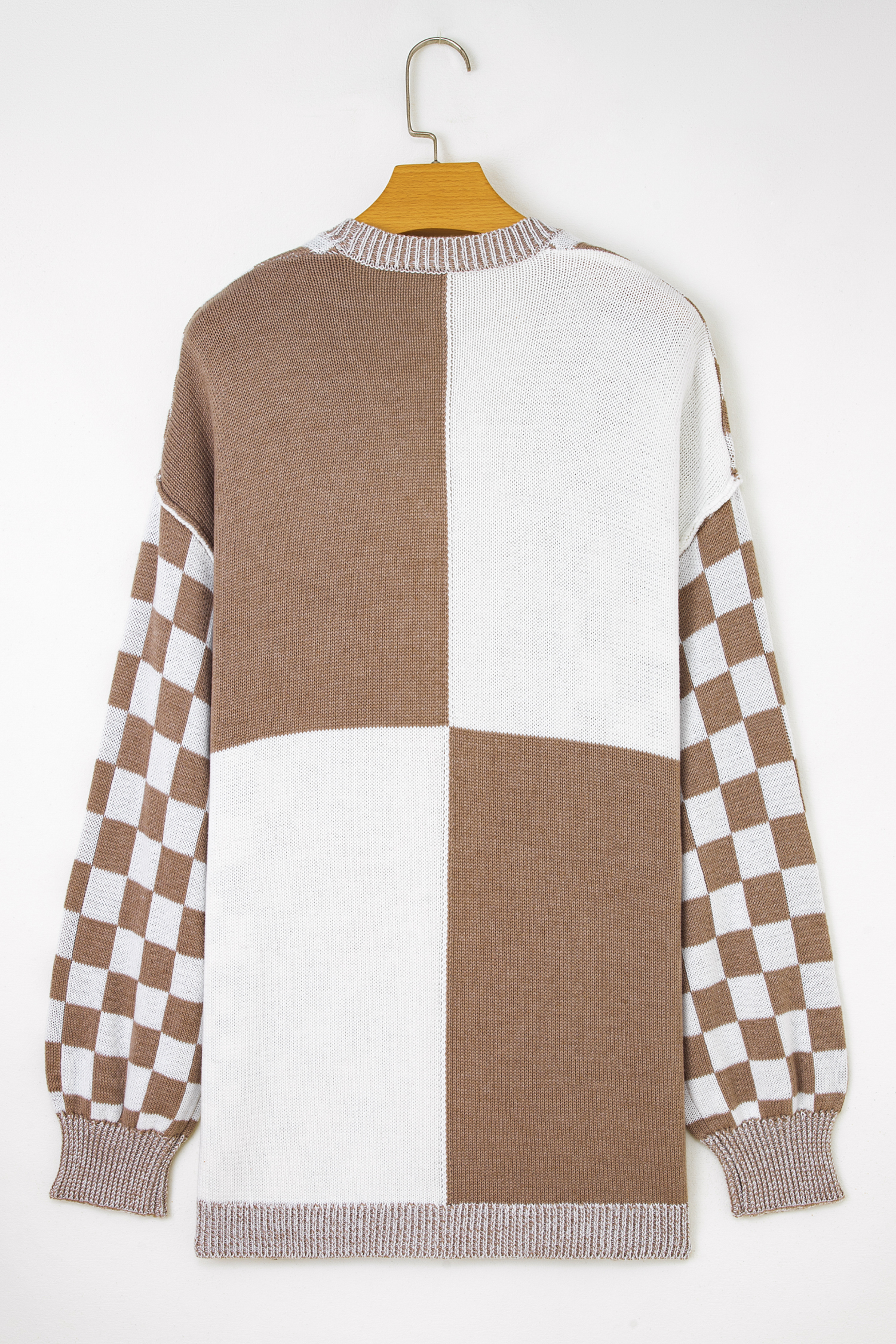 Brown Plus Size Checkered Bubble Sleeve Drop Shoulder Open Cardigan - loveforevers
