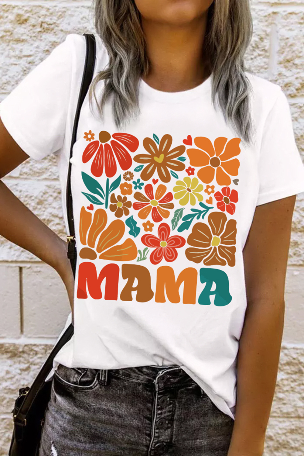 White MAMA Flower Graphic Crewneck Tee - loveforevers