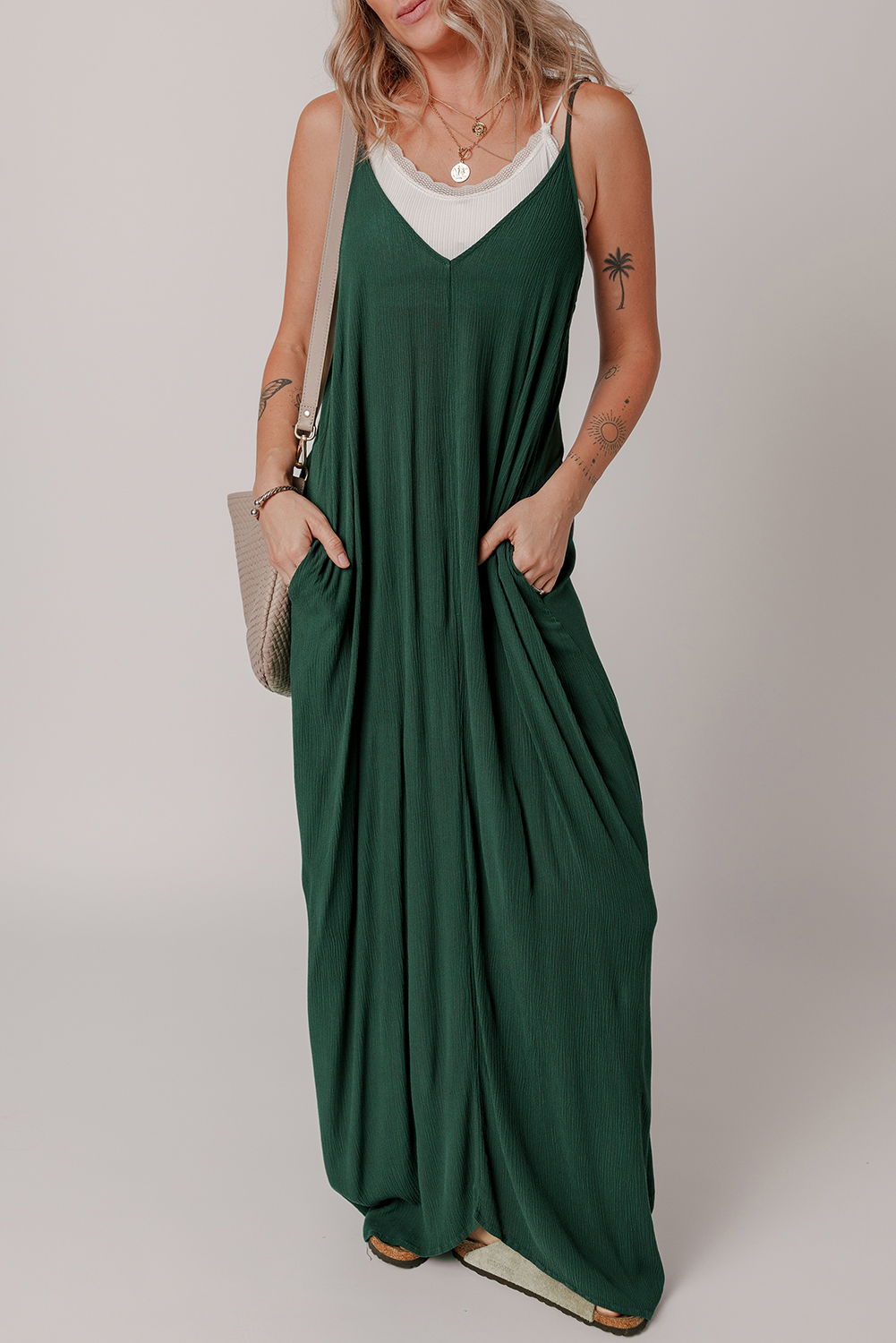 Duffel Green Spaghetti Straps Pocketed Slouchy Maxi Dress - loveforevers