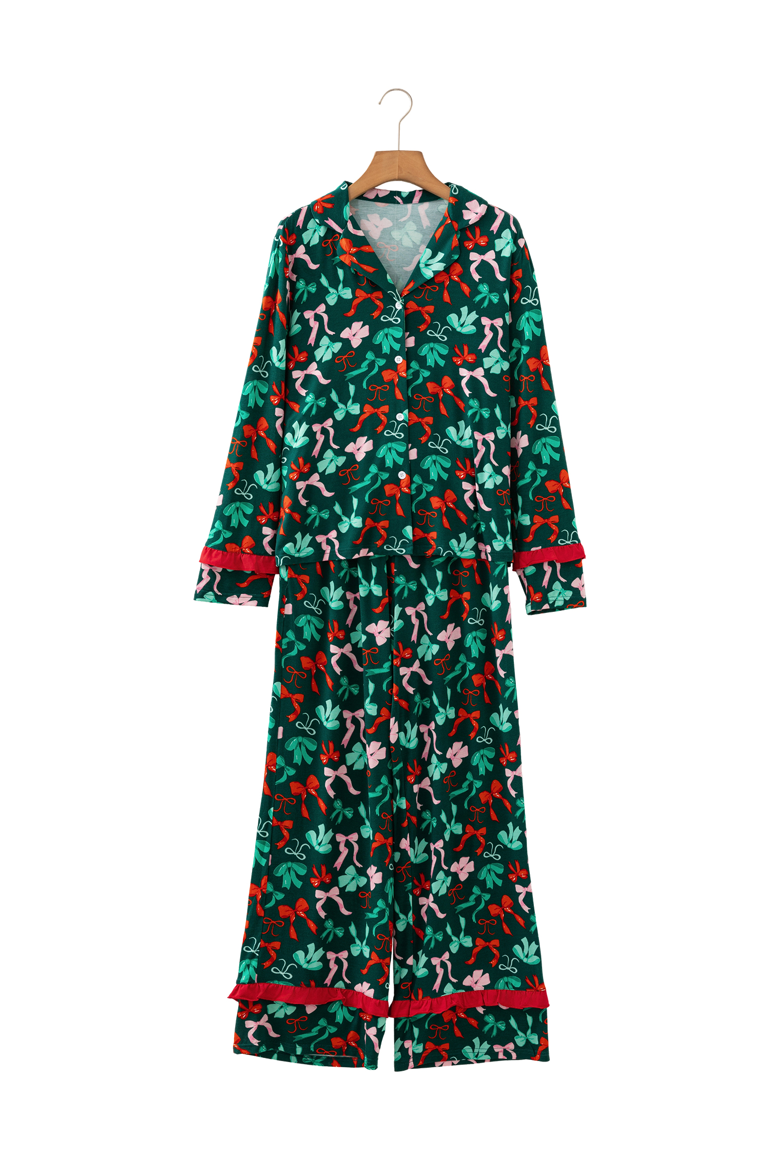 Green Festive Bow Print 2pcs Pajama Pant Set - loveforevers