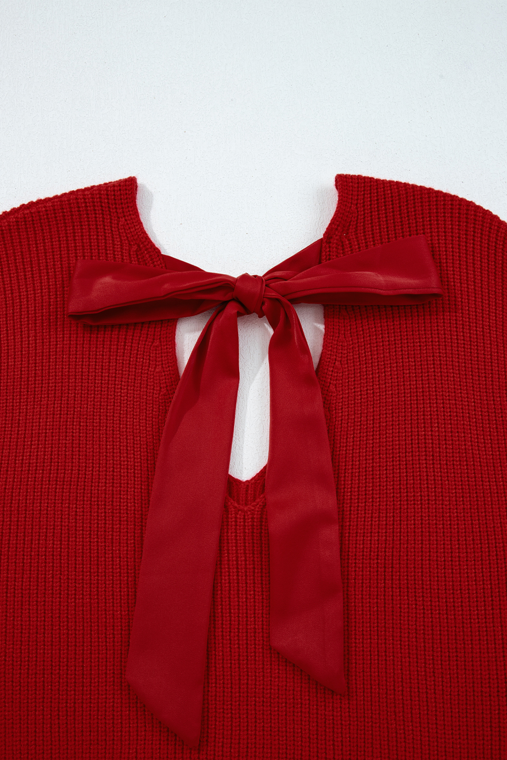 Racing Red Lantern Sleeve V Neck Knot Back Sweater - loveforevers