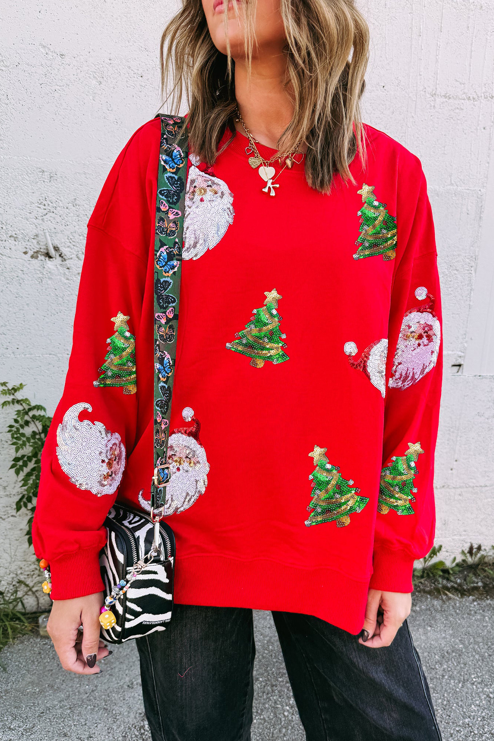 Red Santa Claus Christmas Tree Patched Pattern Drop Shoulder Sweatshirt - loveforevers