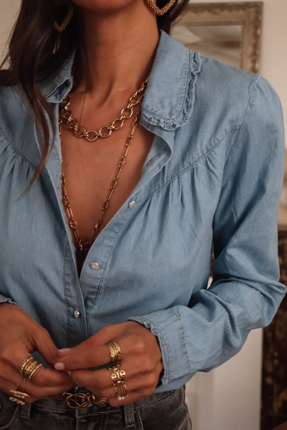 Dusk Blue Turn-down Collar Chambray Shirt - loveforevers