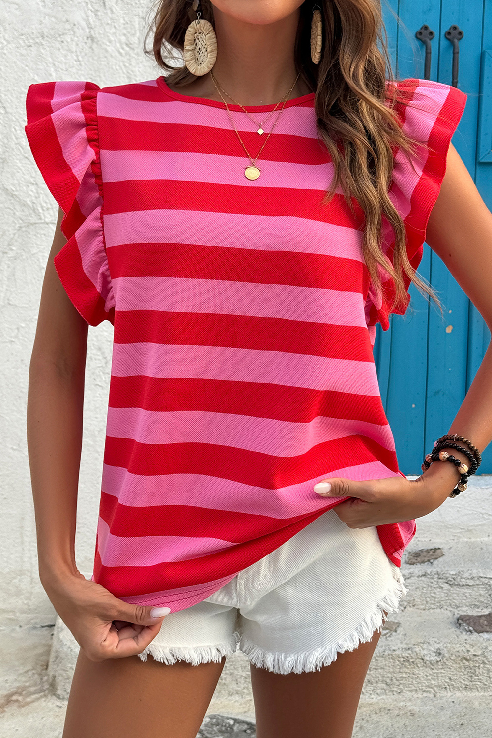 Green Stripe Flutter Sleeve Round Neck Shift Dress - loveforevers