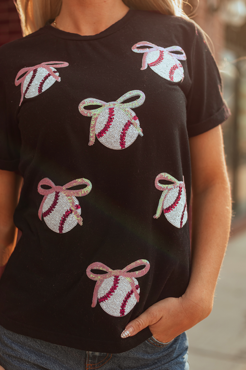 Black Shimmering Sequin Bow Ball Patterned Game Day Casual Tee - loveforevers