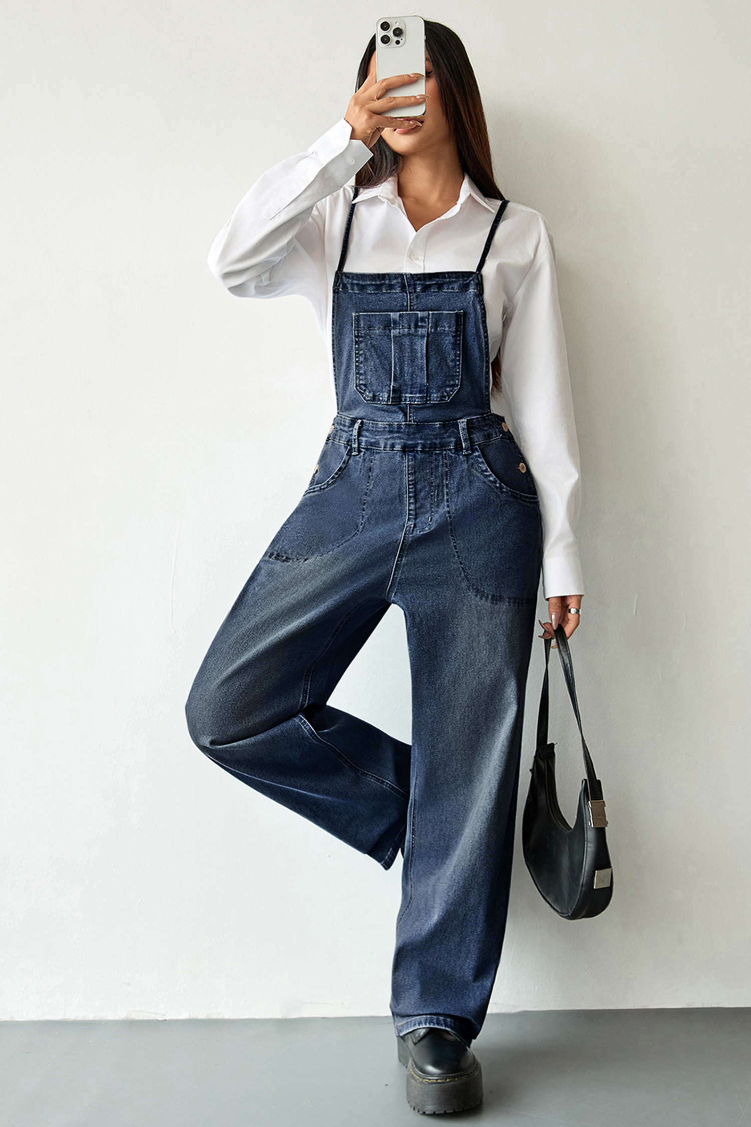 Dark Blue Crossed Tie Straps Bib Pocket Loose Denim Overalls - loveforevers