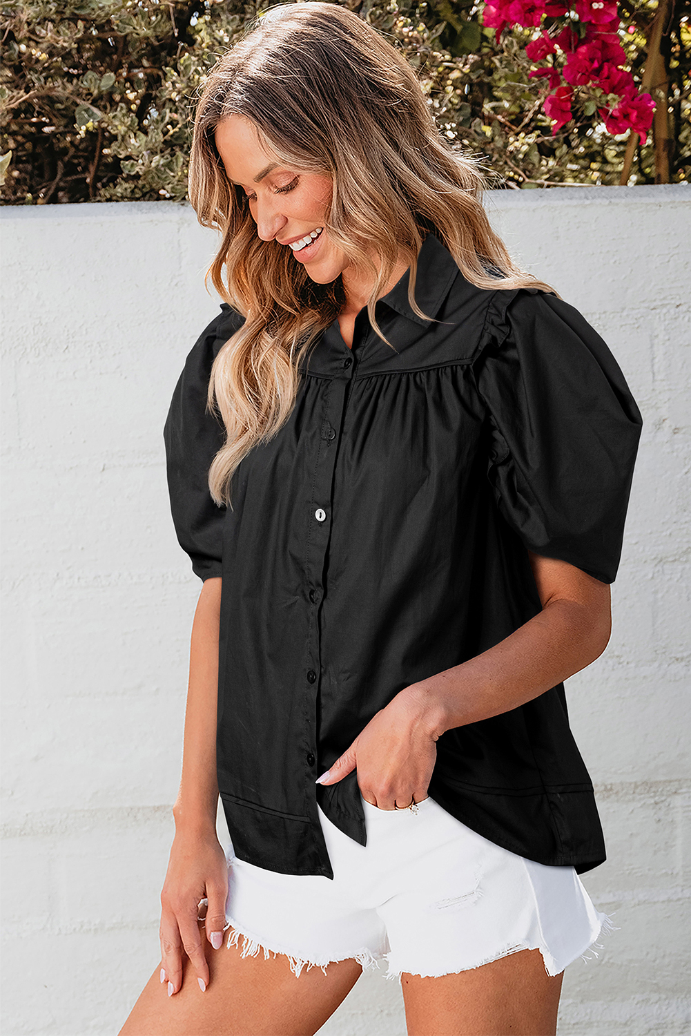 Black Crisp Puff Sleeve Loose Shirt - loveforevers