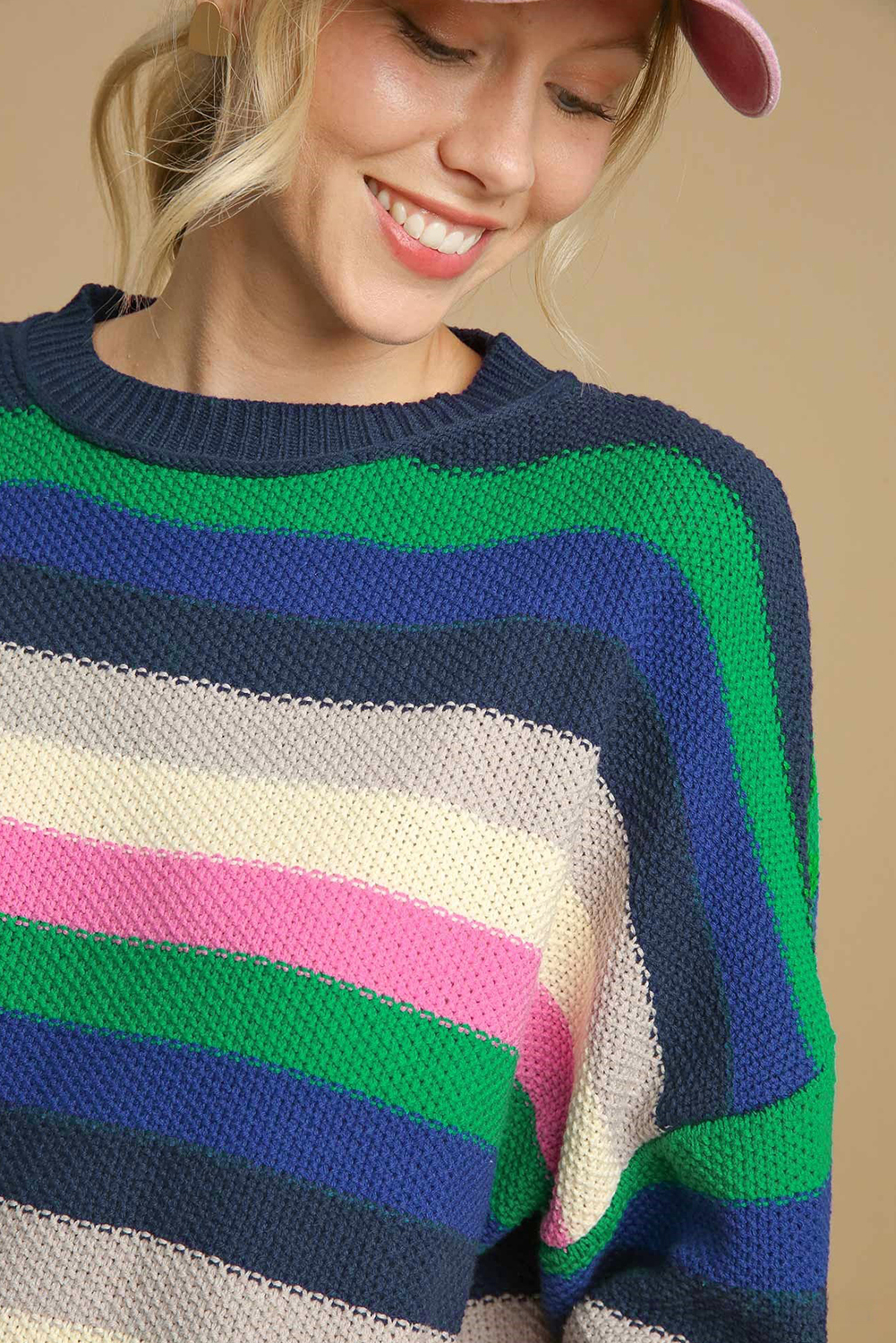 Bright Green Rainbow Striped Crew Neck Drop Shoulder Sweater - loveforevers